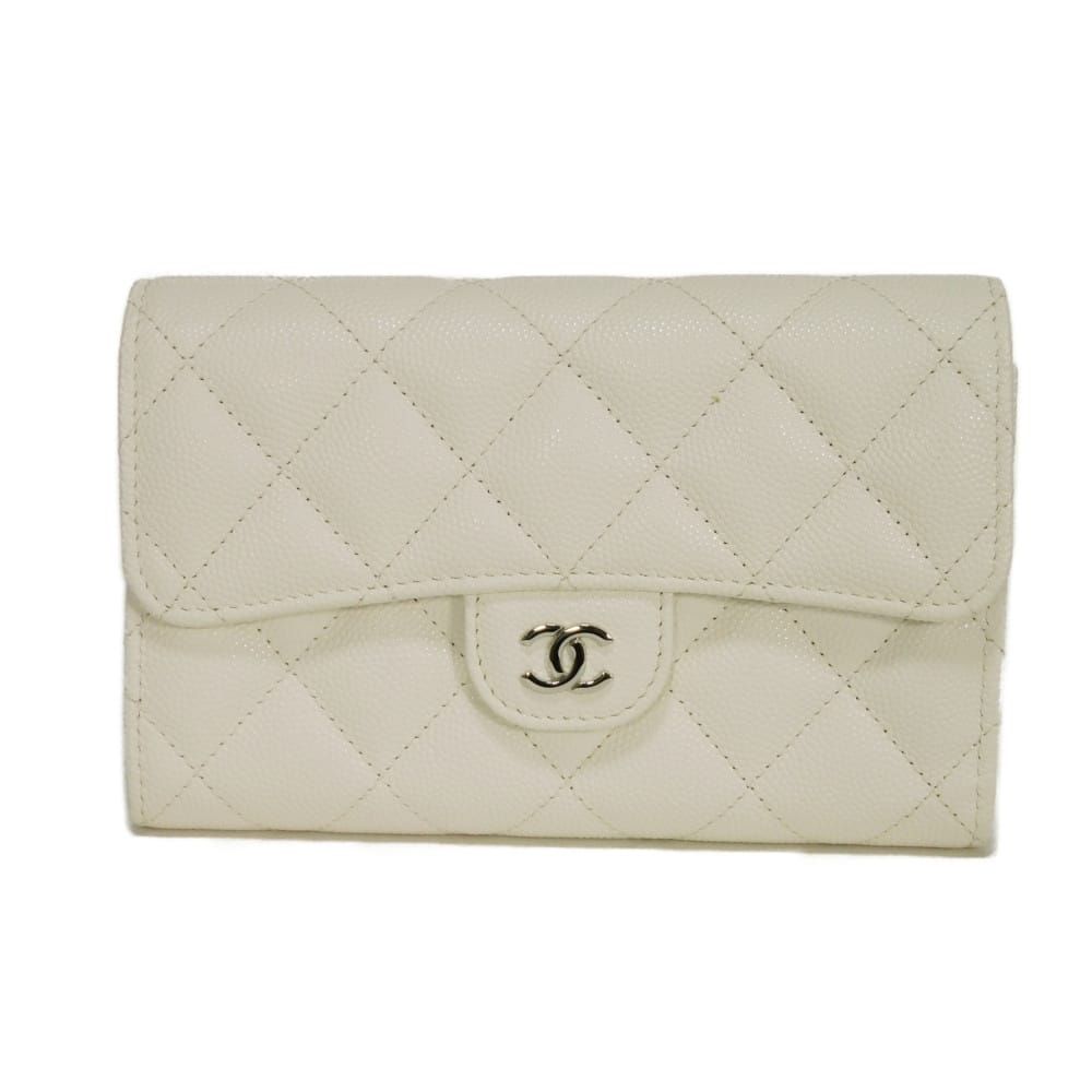 CHANEL シャネル マトラッセ ミディアム フラップ ウォレット キルティング グレイン カーフ スナップボタン 札入れ カードケース コインケース 31番台 キャビアスキン ホワイト 三つ折り財布 AP0232