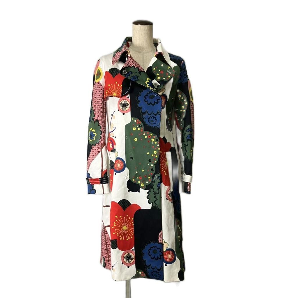 ケンゾー KENZO トレンチコート 花札柄 和柄 ロング丈 ベルト 38 ホワイト ■GY06