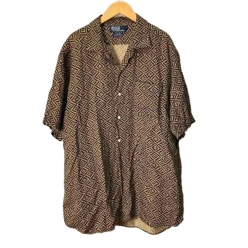 ポロ バイ ラルフローレン Polo by Ralph Lauren BONARD 総柄 シャツ 半袖 開襟 シルク リネン オープンカラーシャツ L ブラウン ■GY06