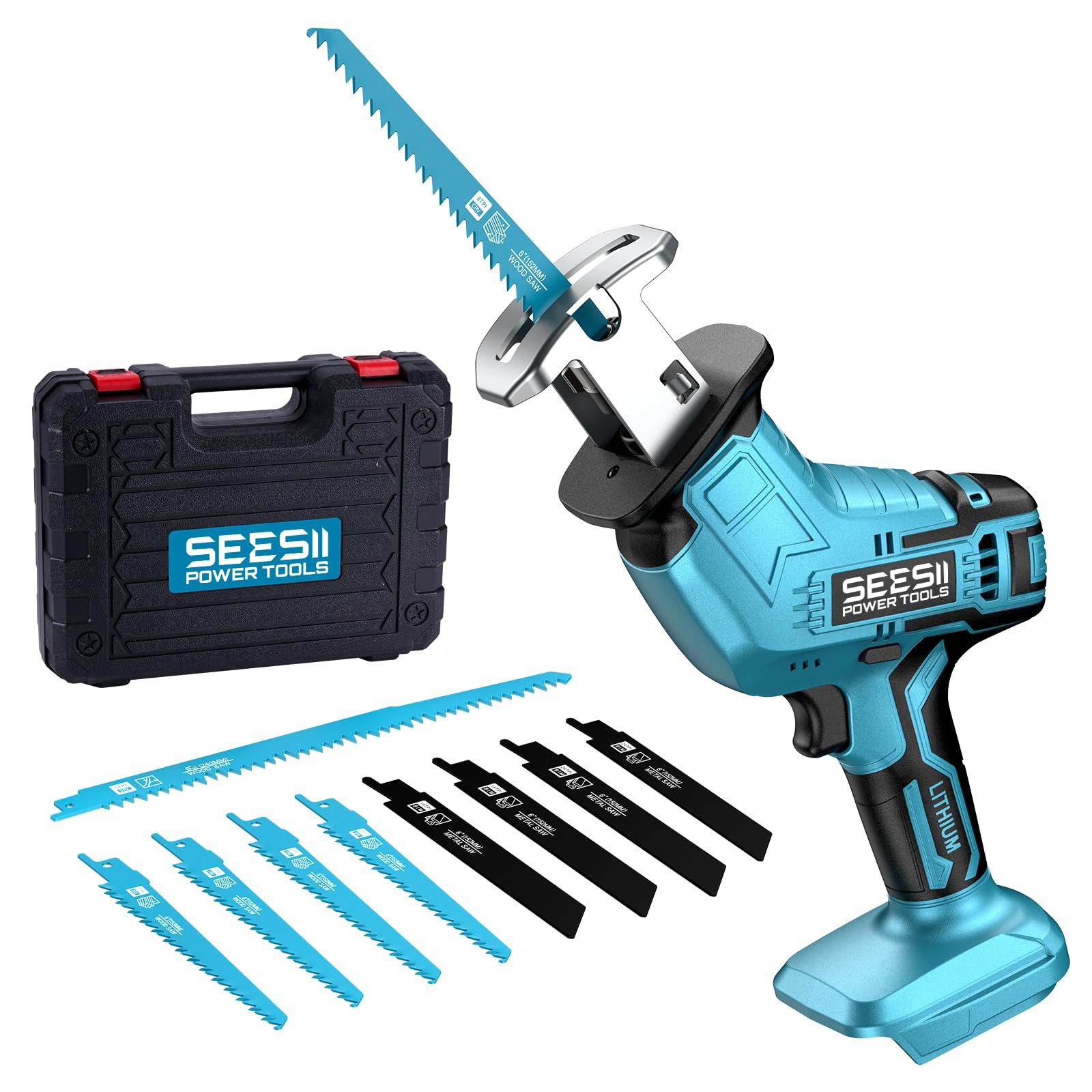 ★新品★【2026新型】SEESII 電動ノコギリ レシプロソー 充電式 電動鋸 小型軽量 家庭用 無段変速 替刃9本 のこぎり 枝切り 竹を切る 庭木の剪定 金属切断 粗大ごみ切断 収納ケース付き マキタ 18Vバッテリー対応 【本体のみ 01d02461