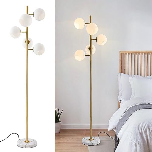 KCO Lighting モダン フロアライト 間接照明 スタンド インテリア 5灯 E26対応 LED 読書ランプ 操作&組立簡単 北欧風 おしゃれ オフィス 寝室 リビング (ゴールド＋ホワイト-B) 電球別売り 国内発送 894f7597