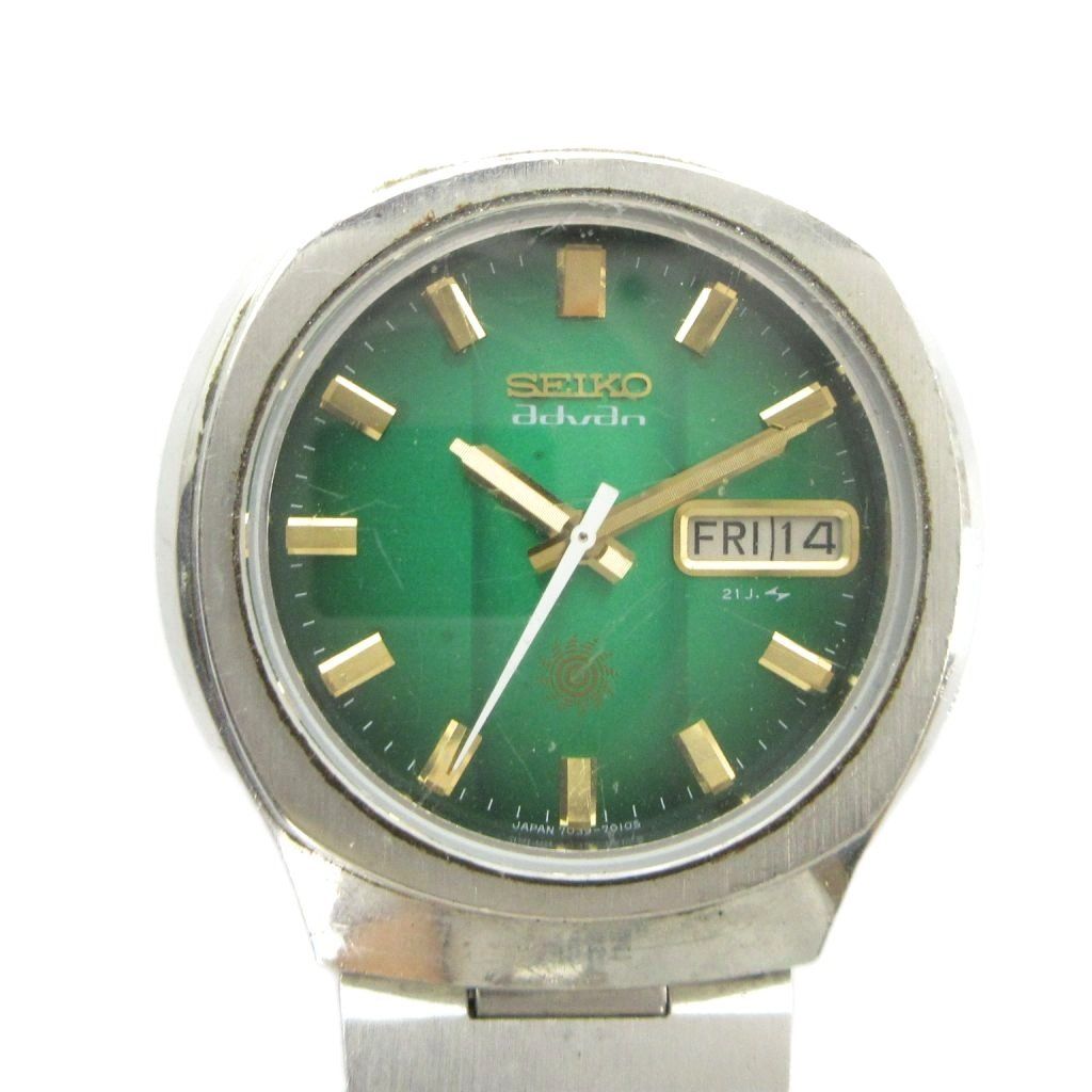 セイコー SEIKO advan アドバン 7039-7011 腕時計 ヴィンテージ アンティーク ウォッチ 自動巻き 9面カットガラス カレンダー付き デイデイト 21石 シルバー色 緑文字盤 ■GY18 /MQ