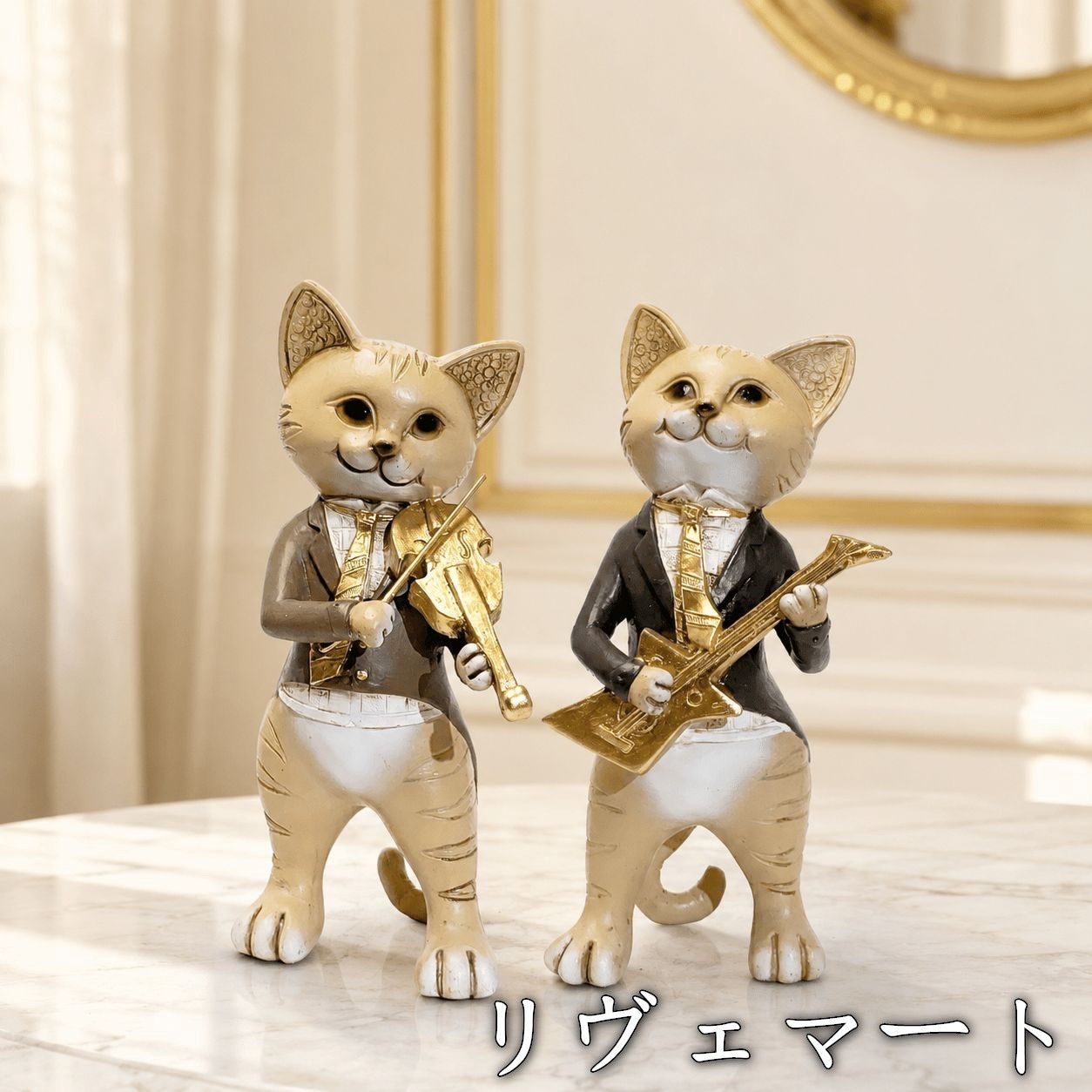 オブジェ 置物 ギターとバイオリンを弾いているネコ ねこ 猫 ゴールド インテリア リビング ダイニング 玄関 寝室 装飾 オーナメント 樹脂 プレゼント ギフト オシャレ 可愛い 癒しグッズ 棚装飾A624
