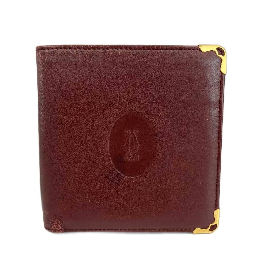 カルティエ Cartier マストライン 財布 二つ折り レザー ロゴ 型押し ゴールド金具 ボルドー /XZ ■GY18