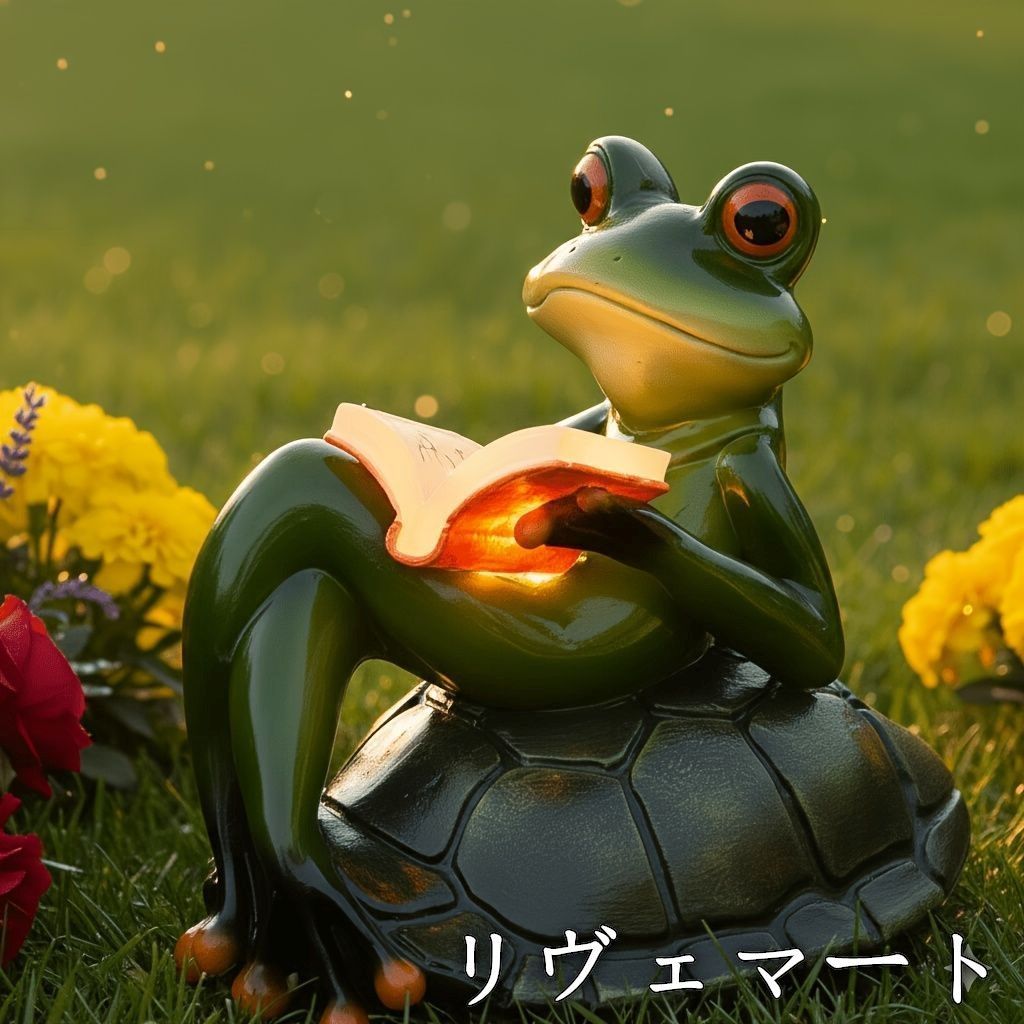 ソーラーライト ガーデンライト ガーデンオーナメント 亀の上で本を読んでいるカエル かえる 庭オブジェ 置物 癒しグッズ ガーデニング お庭 玄関ライト 園芸装飾 オシャレ ギフト プレゼント プラスチックA624