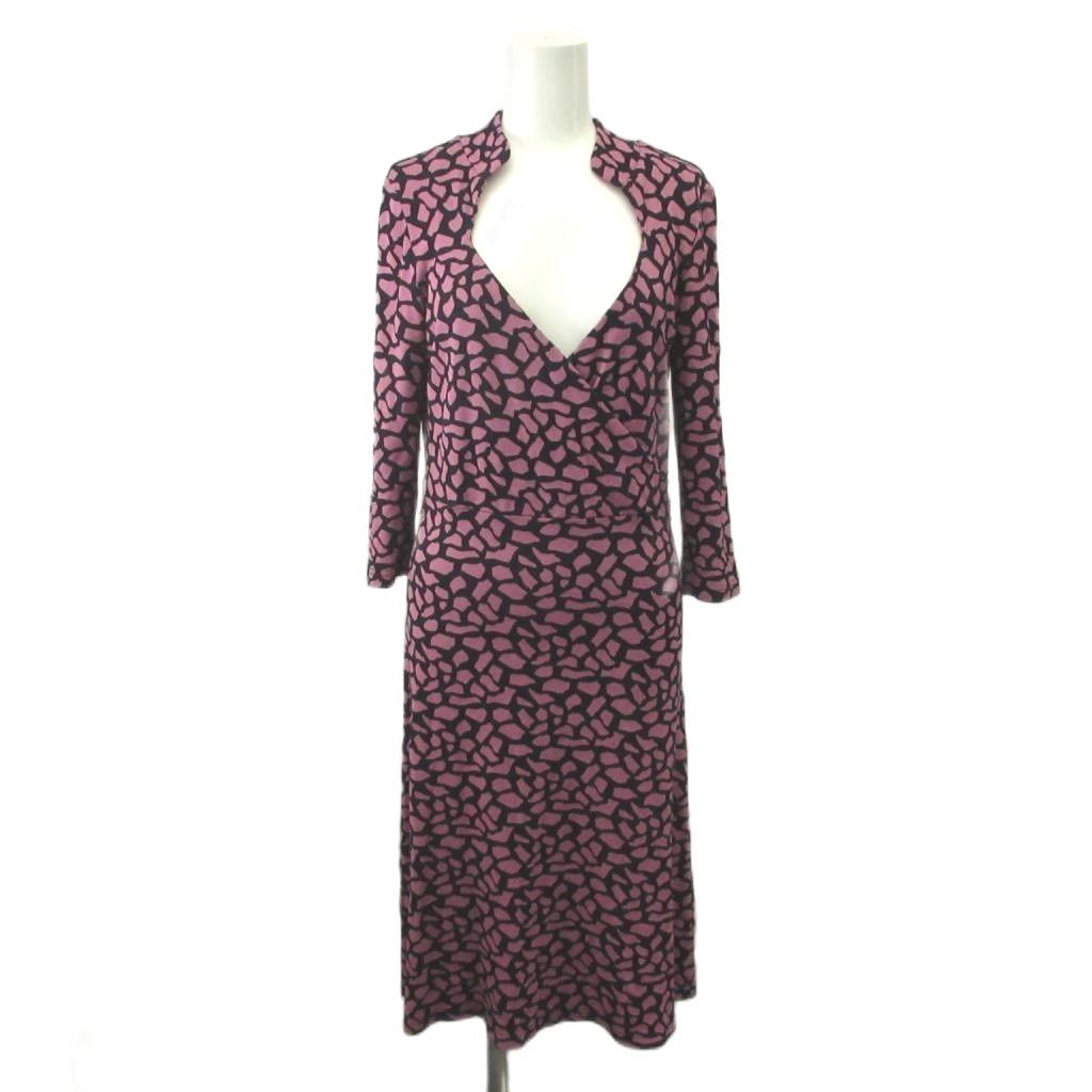 ダイアンフォンファステンバーグ DIANE von FURSTENBERG ロングニットワンピース 4 ピンク 紺 ネイビー 総柄 Vネック 長袖 /YU ■GY99