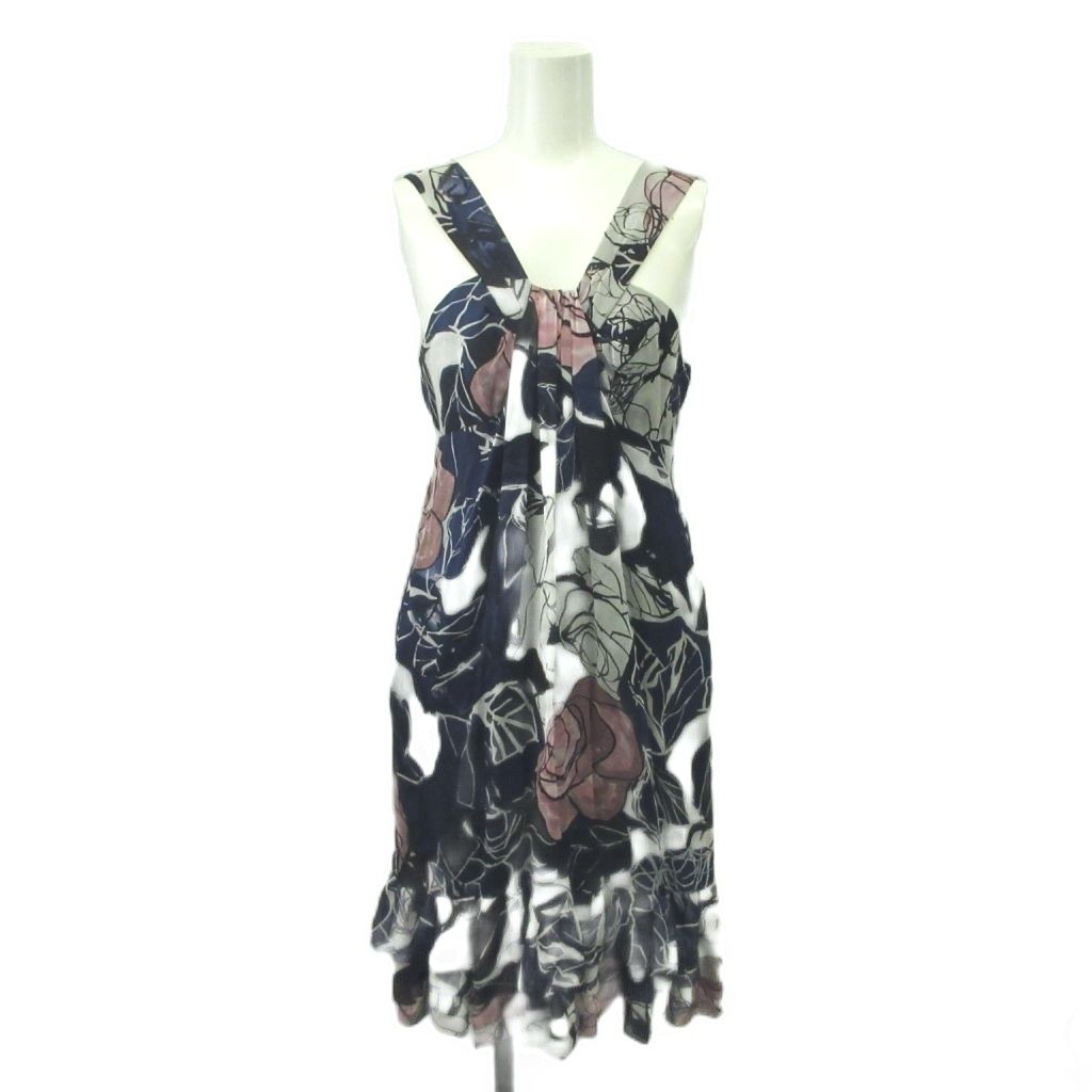 ダイアンフォンファステンバーグ DIANE von FURSTENBERG フレアワンピース 膝丈 絹 シルク 2 紺 ネイビー 青 ブルー 花柄 ノースリーブ フリル裾 /YU ■GY99