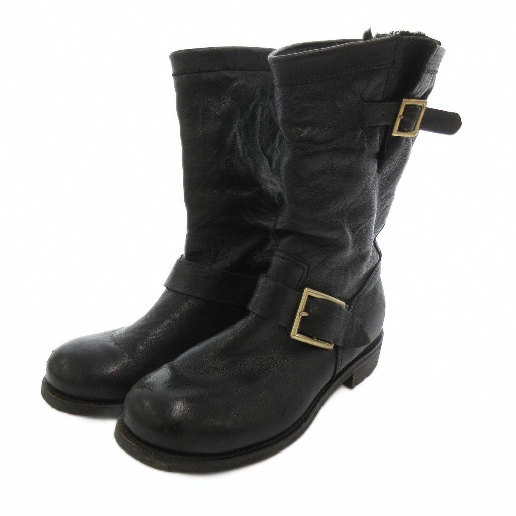 ジミーチュウ JIMMY CHOO バイカーブーツ ショート ベルト レザー 35.5 黒 ブラック /FF ■GY62