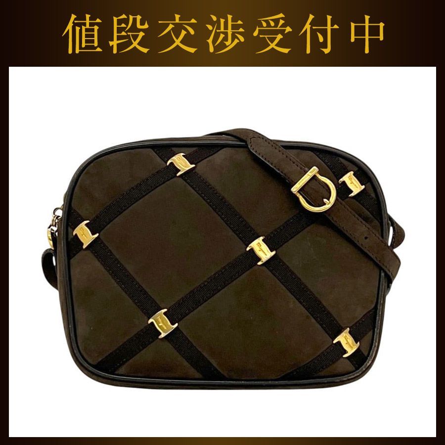 サルヴァトーレ フェラガモ ショルダーバッグ ブラウン 茶色 ヴァラ BA210556 美品 スエード レザー 中古 Salvatore Ferragamo リボン ヴィンテージ