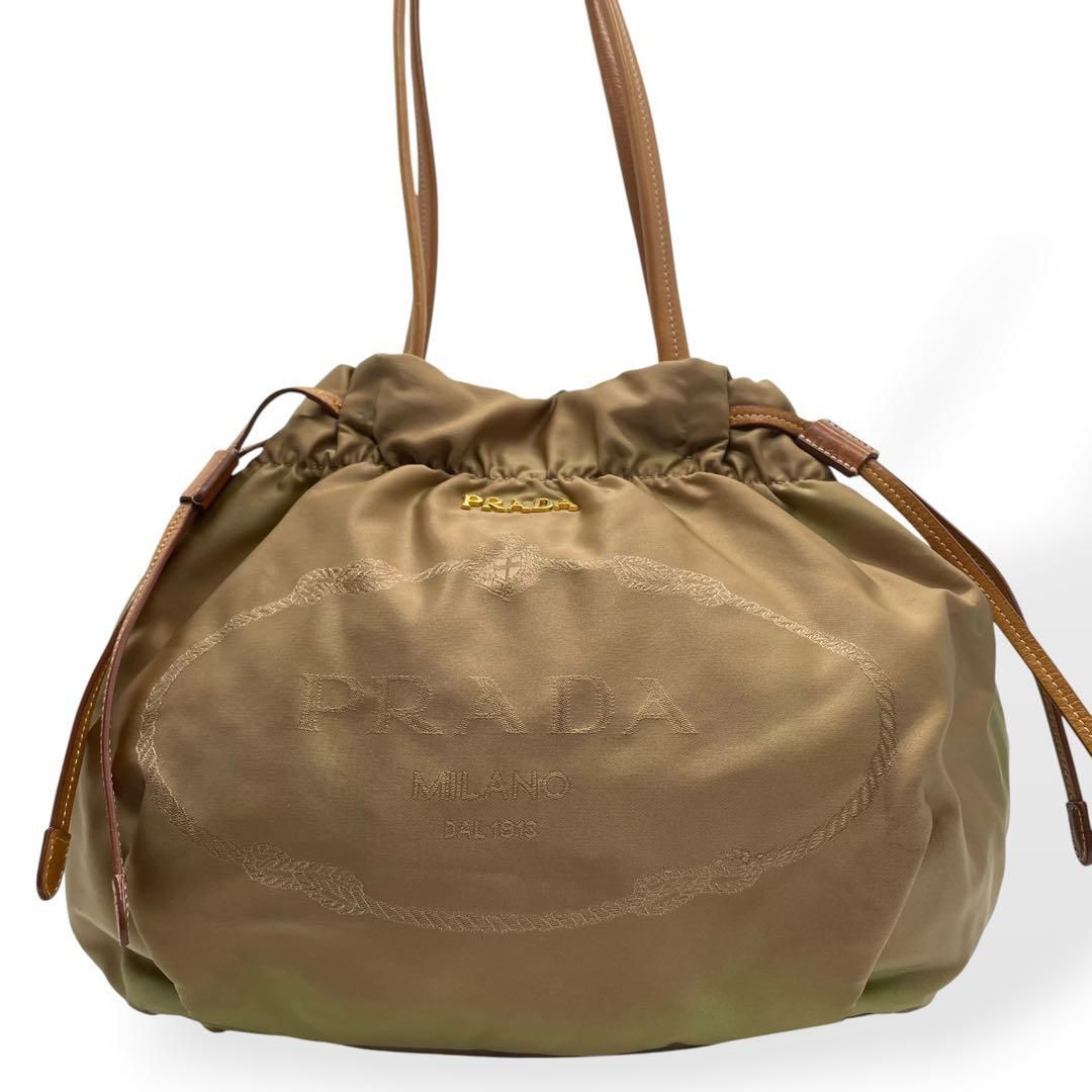 美品　PRADA プラダ　巾着トートバッグ　ナイロン　レザー　カーキ　白タグ