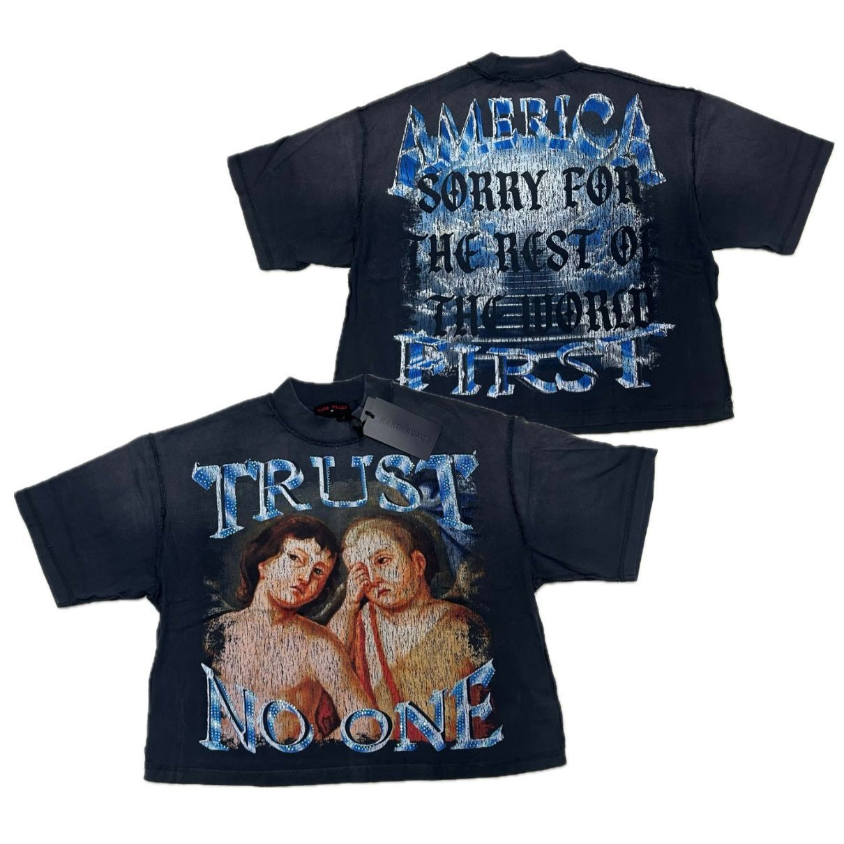 カリフォルニア発 Rare Peace レアピース Trust No One クロップドTシャツ ラインストーン (CropT37)