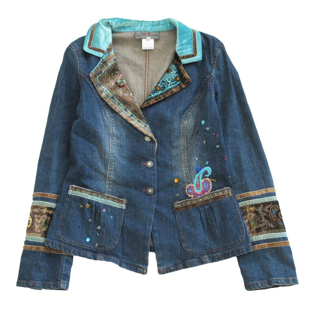 Lili Nucci リリヌッチ デニムジャケット 00s Y2K ベロア ビジュー装飾 アウター ブルー 42【L】 レディース 【中古】