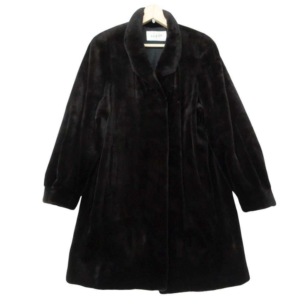 FUR FLASH MOONBAT ファーフラッシュムーンバット コート 美品 シェアードミンク 本毛皮 リアルファー ミドル丈 アウター 裏地付き レギュラーカラー ブラック 9【M】 レディース 【中古】