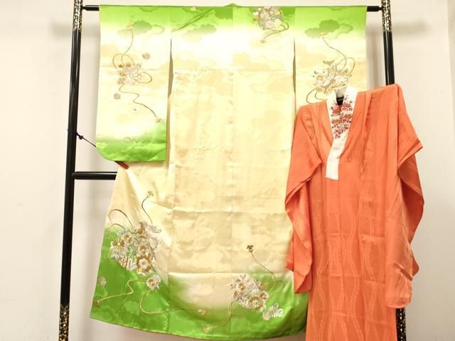 平和屋着物∵女の子　十三参り　子供　祝着・長襦袢(無双仕立て・半衿刺繍)セット　刺繍　源氏車花文　暈し染め　金銀糸　逸品　DABE7097ma