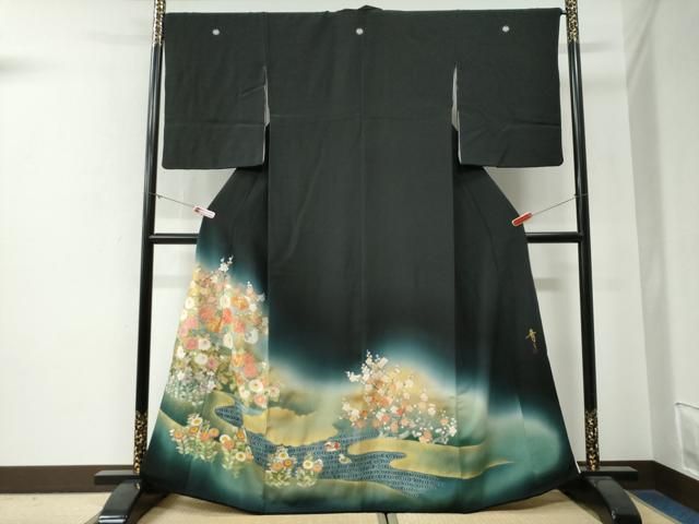 平和屋着物●京友禅の第一人者 松井青々 黒留袖 駒刺繍 雲取り流水草花文 暈し染め 金彩 正絹 逸品 CABG0278yc