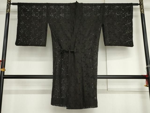 平和屋着物▽道中着　スリーシーズン　春夏秋　塵除け　総レース　草花文　黒地　正絹　逸品　AABI7252cs 15,912円