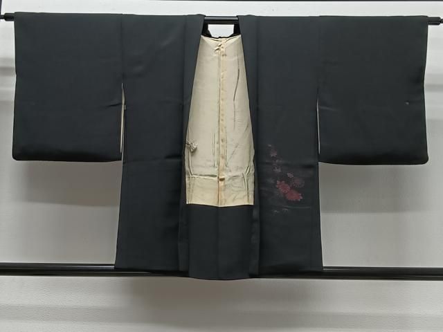 平和屋着物＃羽織　寿光織　流水花文　黒地　正絹　逸品　CABG3877ua