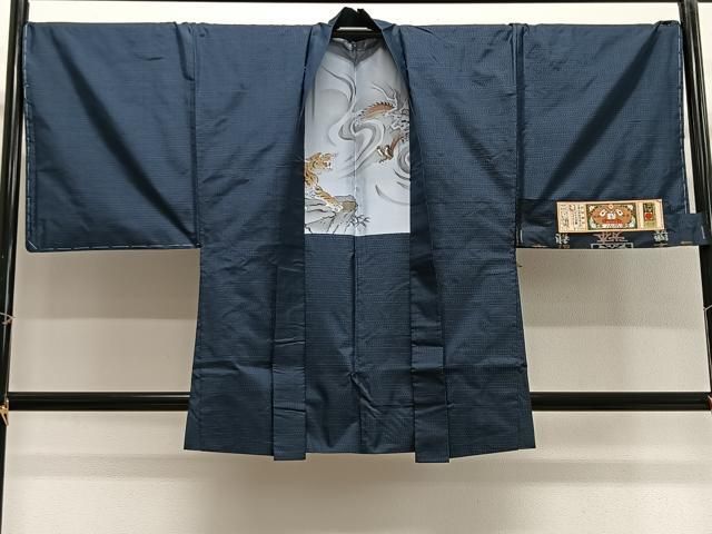 平和屋着物∞男性　羽織　本場大島紬　格子　羽裏：龍・虎　証紙付き　正絹　逸品　未使用　CABG3897ua