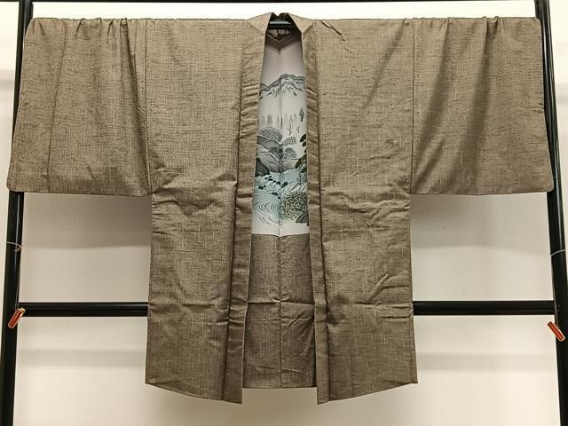 平和屋着物∞男性　長羽織　紬地　霞文　肥後煤竹色　キングサイズ　正絹　逸品　CABG3899ua