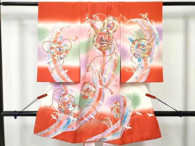 平和屋着物[]お宮参り　女の子　祝着　産着　初着　のしめ　駒刺繍　鏡裏花文　暈し染め　金銀彩　逸品　DABE7271ma