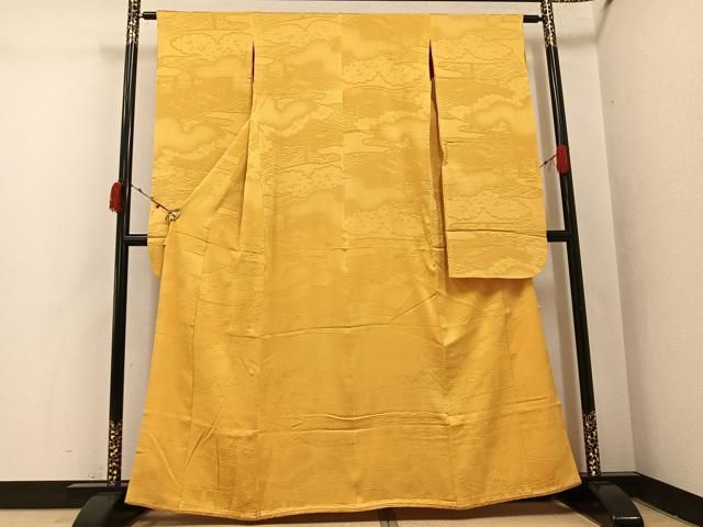 平和屋本店●アンティーク　大正ロマン　振袖　色無地　雲重ね地紋　黄朽葉色　正絹　逸品　AABI8606ph