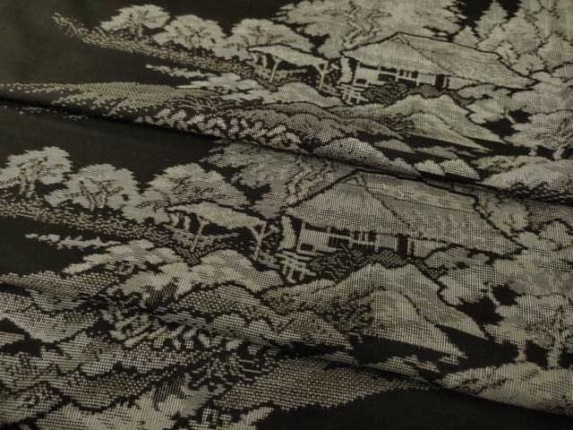 平和屋着物●本場大島紬　カタス9マルキ　総絣　地空き　遠山風景文　黒地　正絹　逸品　AABI8825ck