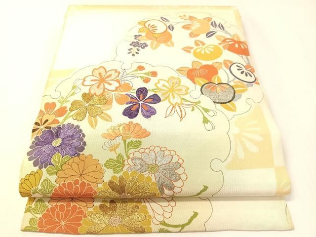 平和屋着物●アンティーク 大正ロマン 丸帯 刺繍 雪輪花文 金銀糸 引き抜き帯 正絹 逸品 CABG7883vp