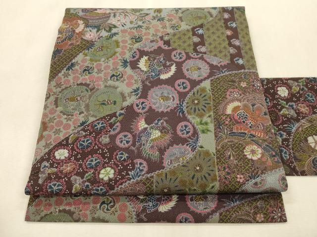 平和屋着物●全通柄九寸名古屋帯　作家物　更紗花鳥文　鬼しぼ縮緬　正絹　逸品　CABI7245dy