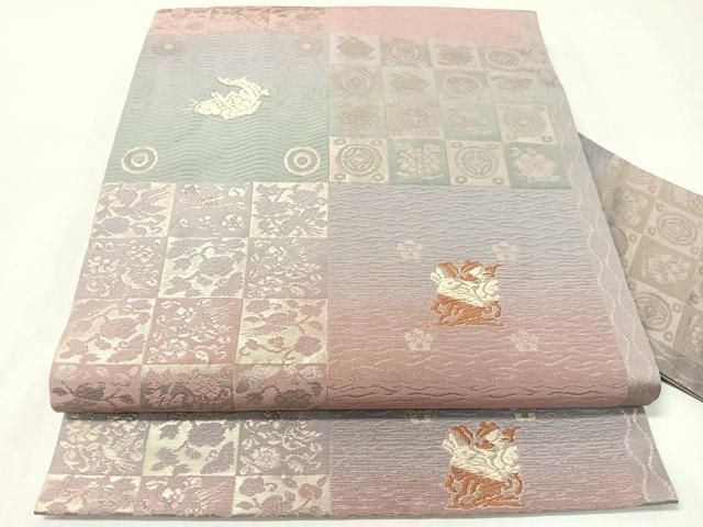 平和屋着物●九寸名古屋帯　唐織　市松花兎　金糸　正絹　逸品　CABI4082vp