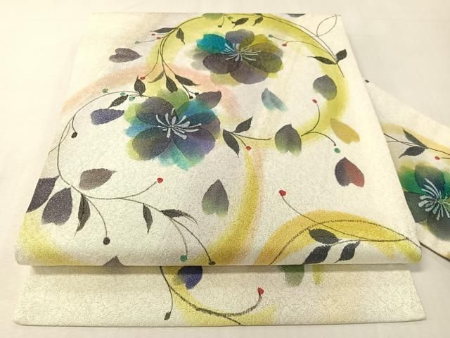 平和屋着物●九寸名古屋帯　手描き　草花丸文　銀通し地　正絹　逸品　CABI4151vp