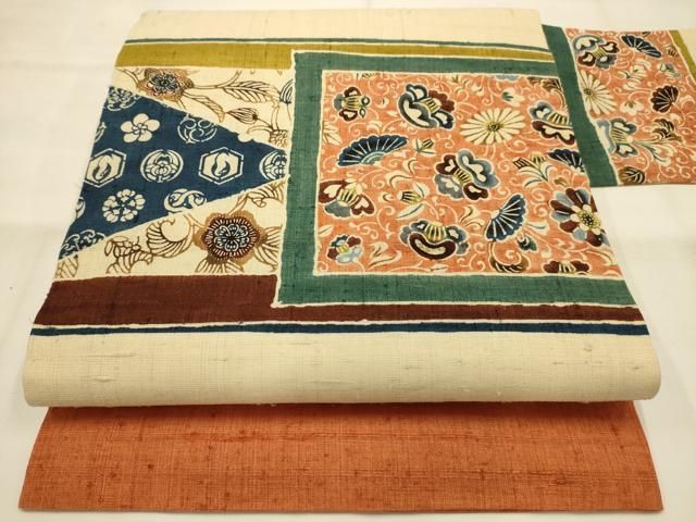 平和屋着物●九寸名古屋帯　紬地　型染め　更紗花文　正絹　逸品　AABJ2190sx