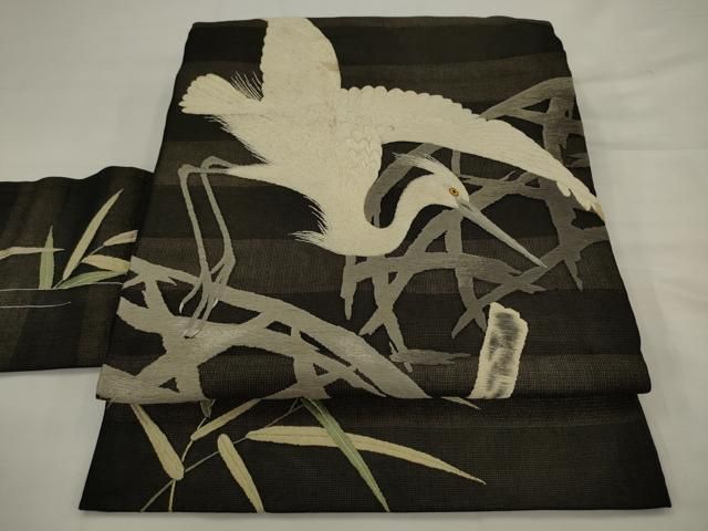 平和屋着物●アンティーク　大正ロマン　九寸名古屋帯　総手刺繍　鷺　黒地　正絹　逸品　AABJ6933pf