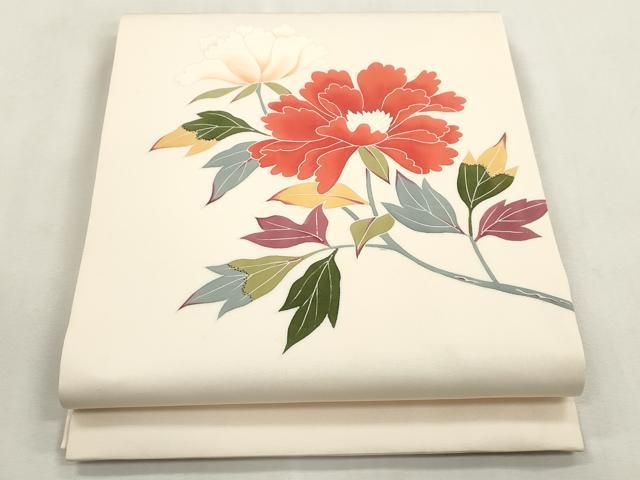 平和屋着物●塩瀬　九寸開き名古屋帯　友禅　作家物　草花文　正絹　逸品　CABI7256dy