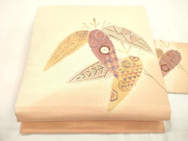 平和屋着物●九寸名古屋帯　刺繍　笹花文　金通し地　正絹　逸品　CABI7264dy