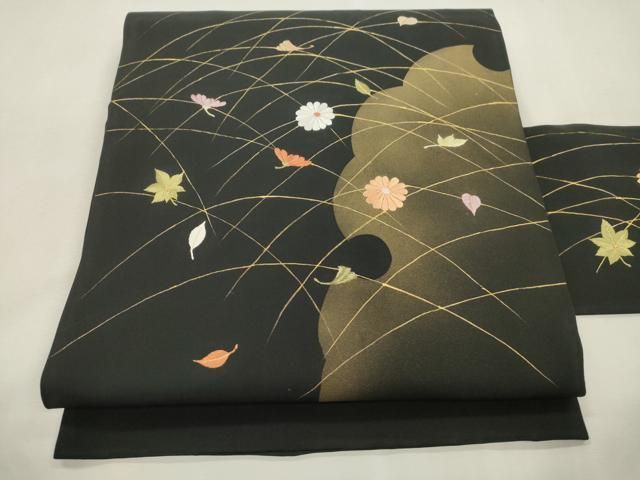 平和屋着物●塩瀬　九寸名古屋帯　刺繍　雪輪草花文　黒地　金彩　正絹　逸品　CABI7266dy
