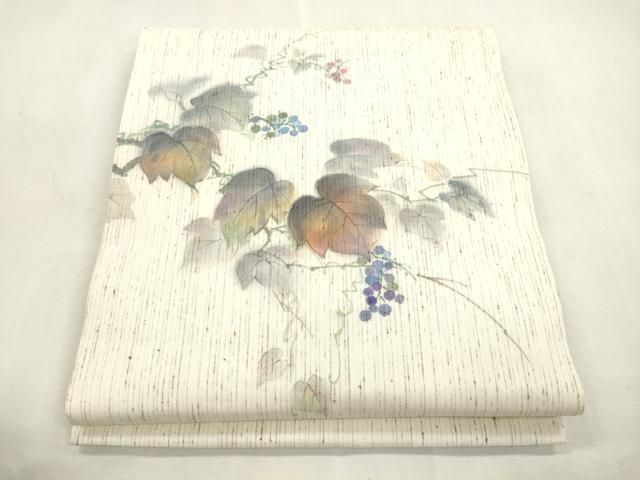平和屋着物●九寸開き名古屋帯　作家物　ぜんまい紬　手描き　葡萄蔦の葉文　正絹　逸品　CABI7286dy