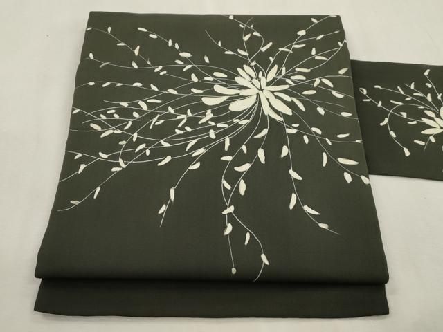 平和屋着物●塩瀬　九寸名古屋帯　枝花文　黒地　正絹　逸品　CABI7322dy