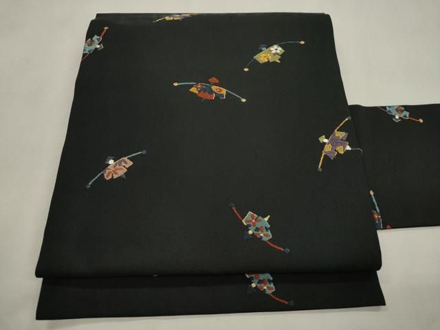 平和屋着物●九寸名古屋帯　唐織　やじろべえ　黒地　金糸　正絹　逸品　CABI7329dy