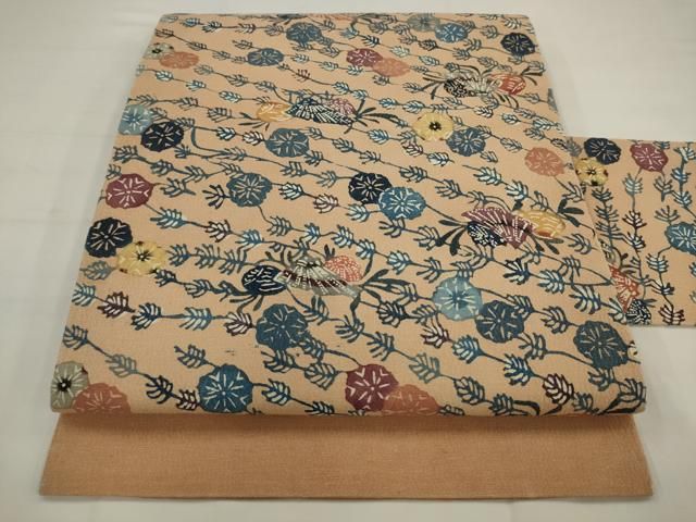 平和屋着物●九寸名古屋帯　型染め　花蝶文　正絹　逸品　AABJ6940pf