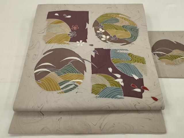 平和屋着物●川野義和　修一郎　塩瀬　九寸名古屋帯　墨流し染め　風景文　正絹　逸品　AABJ6957pf