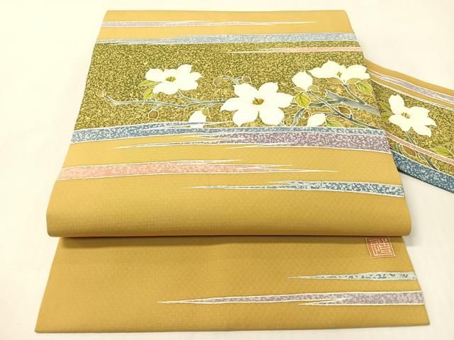 平和屋着物●九寸名古屋帯 作家物 手描き 霞枝花文 金銀彩 正絹 逸品 CABI4189vp