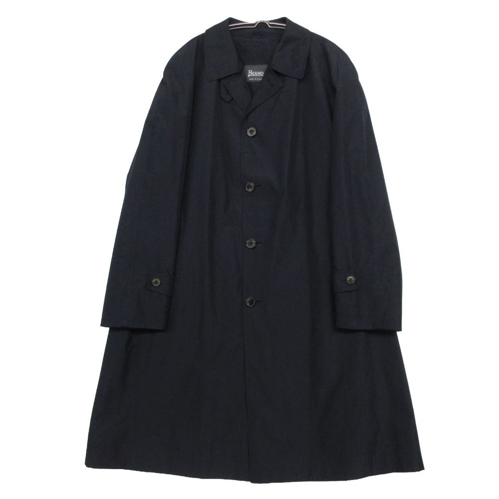 美品 Herno ヘルノ シルク100％ ステンカラーコート バルマカーン ジャケット ロング丈 裏地スカーフ柄 騎手 馬 ホース イタリア製 ネイビー 50【L】 メンズ 【中古】