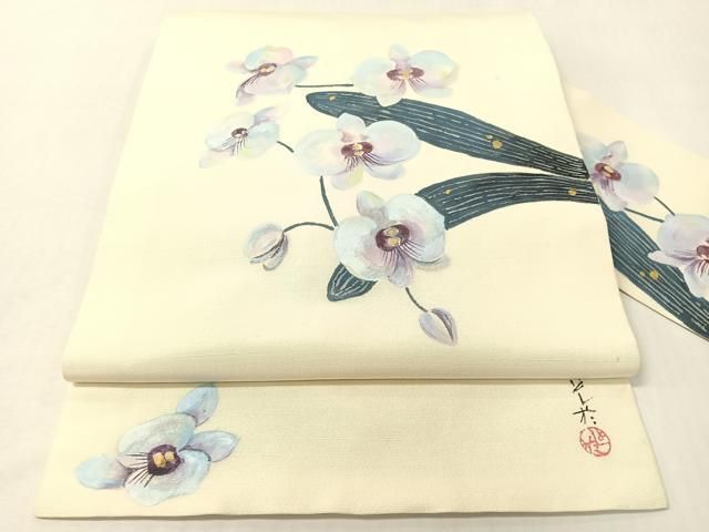 平和屋着物●九寸名古屋帯　作家物　手描き　紬地　胡蝶蘭　金銀彩　正絹　逸品　CABI4224vp