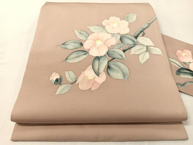 平和屋着物●塩瀬　九寸名古屋帯　手描き　枝椿　正絹　逸品　CABI4226vp