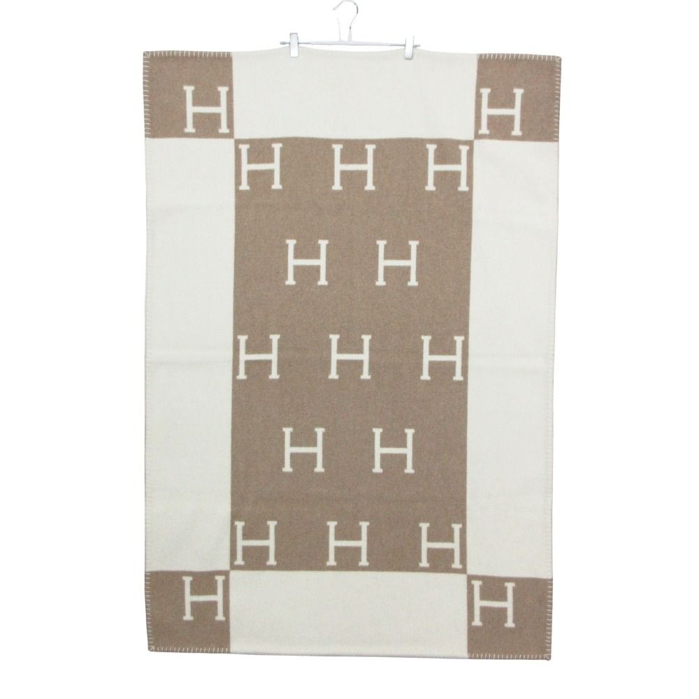 HERMES エルメス ファッション雑貨 ブランケット ベビープレード アヴァロン 毛布 ウール カシミヤ Hロゴ インテリア ベージュ メンズ レディース 【中古】