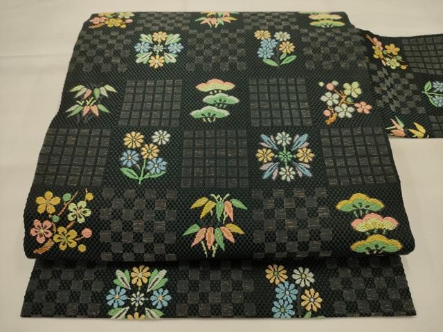 平和屋着物●西陣　川島織物　九寸名古屋帯　松竹梅市松花文　正絹　逸品　AABJ7411sx