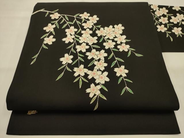 平和屋着物●塩瀬　両面　九寸名古屋帯　作家物　手描き　枝垂れ花文　黒地　金銀彩　正絹　逸品　AABJ7418sx