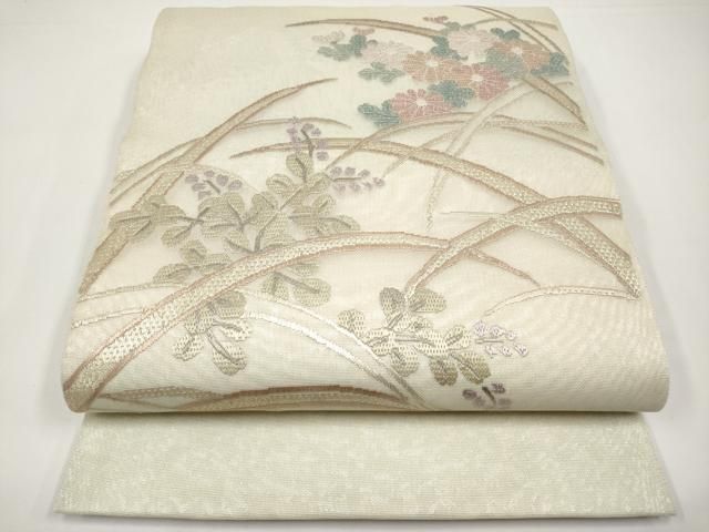 平和屋着物＊夏物　太鼓柄袋帯　絽刺し　区限刺繍　芝草花文　金糸　正絹　逸品　CABI8692tx