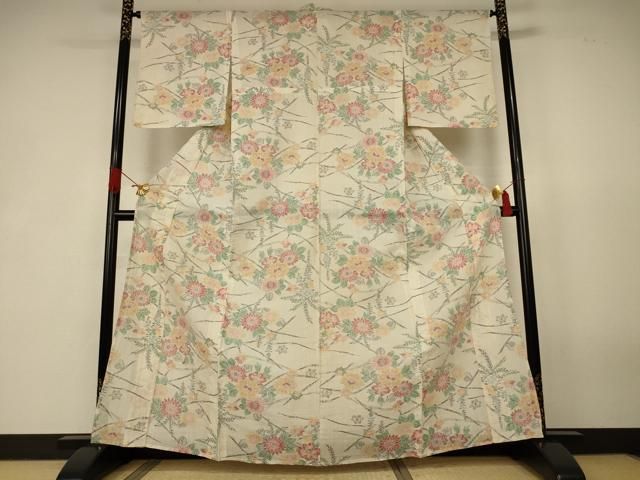 平和屋着物＊夏物　小千谷ちぢみ　草花文　麻　逸品　AABK2654jd