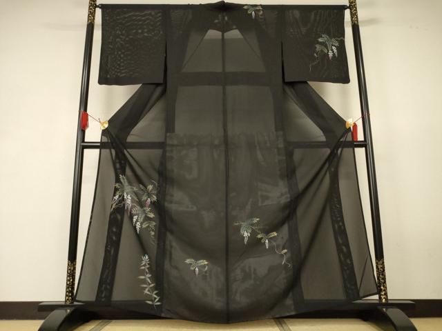 平和屋着物＊夏物　訪問着　絽　枝垂れ花文　黒地　正絹　逸品　AABK2661jd